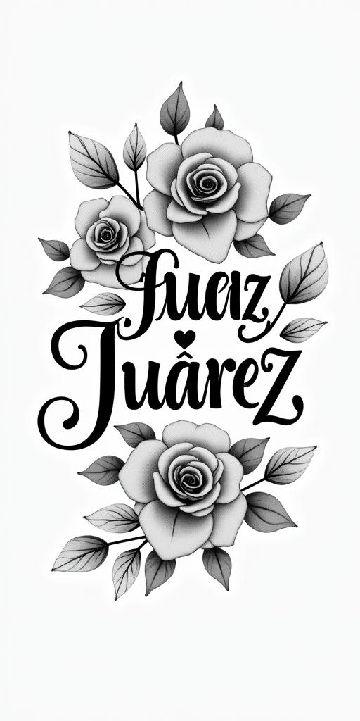 Last name Juárezin elegant cursive calligraphy style 2d tattoo, decorate with roses, featuring a smooth and flowing handwritten script with slightly thickened strokes for a luxurious and bold appearance,  heart symbol between names,  sleek and glossy black text with shadowing, minimalist matte white background, clean and sharp edges, illuminated with soft lighting, romantic, 8k, high-quality textures with refined typography - Variation 3