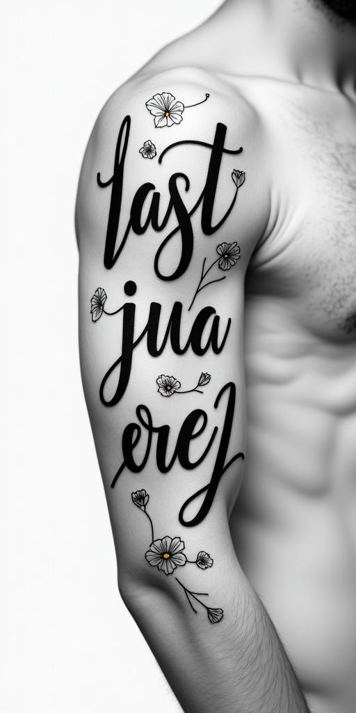 Last name Juárezin elegant cursive calligraphy style 2d tattoo, decorate with roses, featuring a smooth and flowing handwritten script with slightly thickened strokes for a luxurious and bold appearance,  heart symbol between names,  sleek and glossy black text with shadowing, minimalist matte white background, clean and sharp edges, illuminated with soft lighting, romantic, 8k, high-quality textures with refined typography