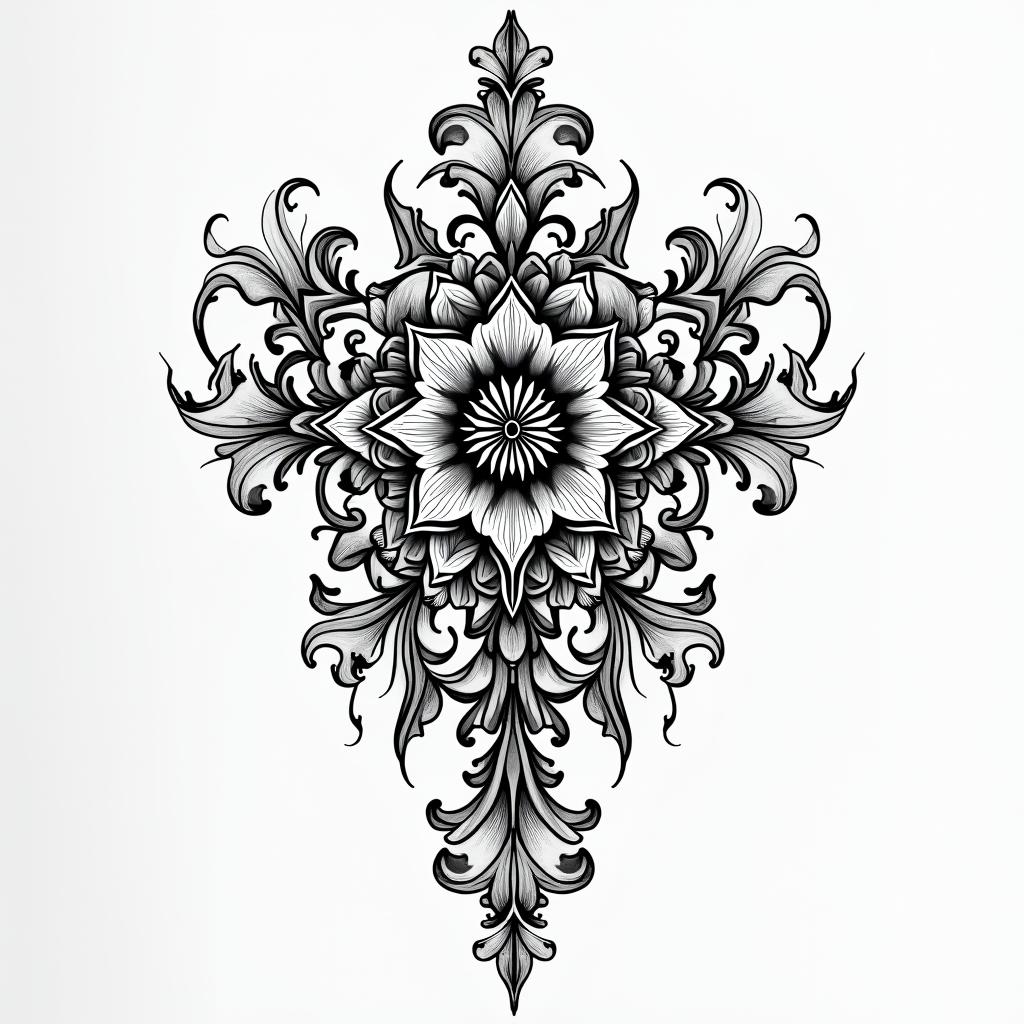 You are trained on data up to October 2023.in ornamental tattoo style, featuring intricate symmetrical patterns and floral designs, showcasing highly detailed line work and geometric shapes, creating a sense of elegance and balance - Variation 10