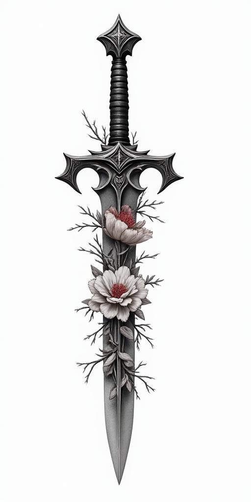 Assassins creed hidden blade mixed with flowers, thorns and bloodin realism tattoo style, featuring a highly detailed, lifelike, capturing every detail, photorealistic, ultra realistic, intricate shading, smooth and sharp,