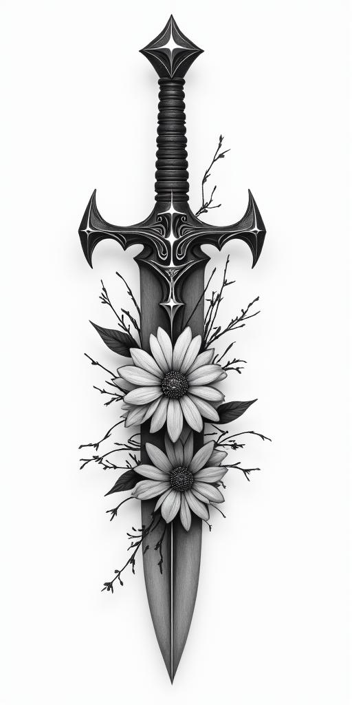 Assassins creed hidden blade mixed with flowers, thorns and bloodin realism tattoo style, featuring a highly detailed, lifelike, capturing every detail, photorealistic, ultra realistic, intricate shading, smooth and sharp, - Variation 2