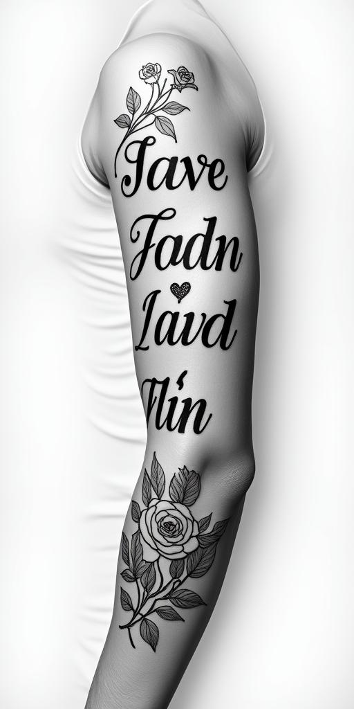 Juárezin elegant cursive calligraphy style 2d tattoo, decorate with roses, featuring a smooth and flowing handwritten script with slightly thickened strokes for a luxurious and bold appearance, heart symbol between names, sleek and glossy black text with shadowing, minimalist matte white background, clean and sharp edges, illuminated with soft lighting, romantic, 8k, high-quality textures with refined typography - Variation 3