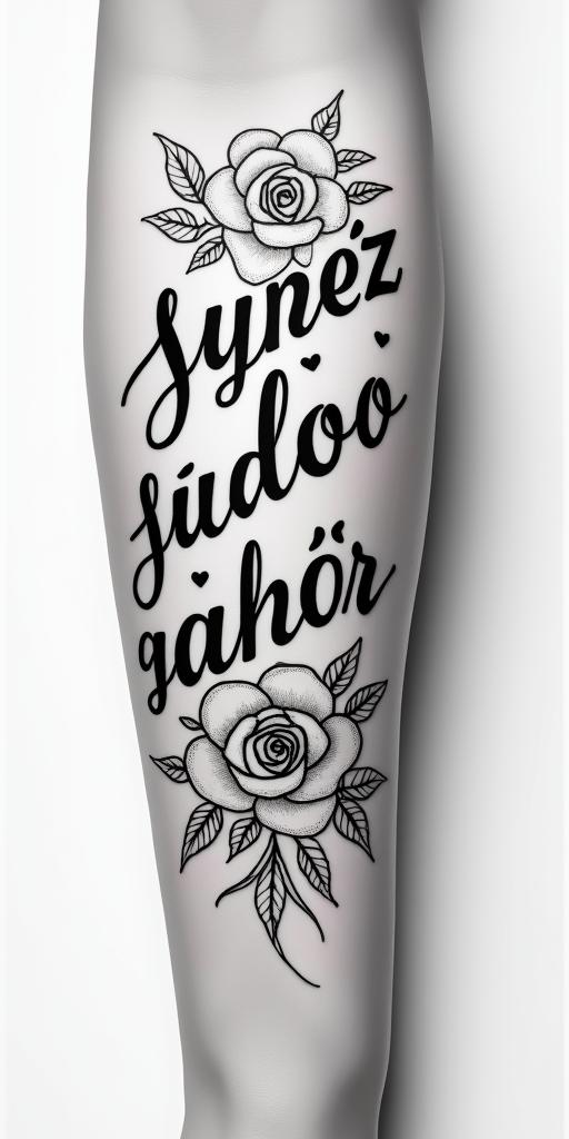 Juárezin elegant cursive calligraphy style 2d tattoo, decorate with roses, featuring a smooth and flowing handwritten script with slightly thickened strokes for a luxurious and bold appearance, heart symbol between names, sleek and glossy black text with shadowing, minimalist matte white background, clean and sharp edges, illuminated with soft lighting, romantic, 8k, high-quality textures with refined typography - Variation 4