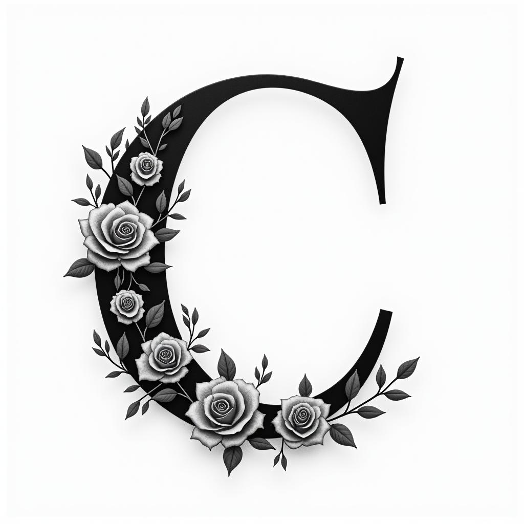I want a capital C with the names Adrien, Andréa, and Leandro inside, in black and white, feminine and simple.in elegant cursive calligraphy style 2d tattoo, decorate with roses, featuring a smooth and flowing handwritten script with slightly thickened strokes for a luxurious and bold appearance, heart symbol between names, sleek and glossy black text with shadowing, minimalist matte white background, clean and sharp edges, illuminated with soft lighting, romantic, 8k, high-quality textures with refined typography - Variation 8