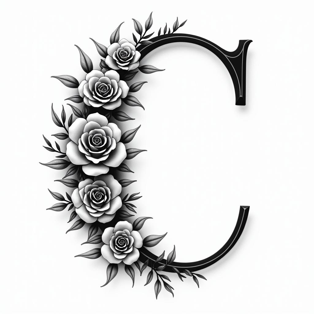 I want a capital C with the names Adrien, Andréa, and Leandro inside, in black and white, feminine and simple.in elegant cursive calligraphy style 2d tattoo, decorate with roses, featuring a smooth and flowing handwritten script with slightly thickened strokes for a luxurious and bold appearance, heart symbol between names, sleek and glossy black text with shadowing, minimalist matte white background, clean and sharp edges, illuminated with soft lighting, romantic, 8k, high-quality textures with refined typography - Variation 7