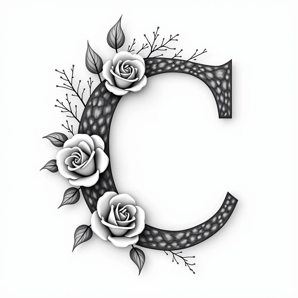 I want a capital C with the names Adrien, Andréa, and Leandro inside, in black and white, feminine and simple.in elegant cursive calligraphy style 2d tattoo, decorate with roses, featuring a smooth and flowing handwritten script with slightly thickened strokes for a luxurious and bold appearance, heart symbol between names, sleek and glossy black text with shadowing, minimalist matte white background, clean and sharp edges, illuminated with soft lighting, romantic, 8k, high-quality textures with refined typography - Variation 5