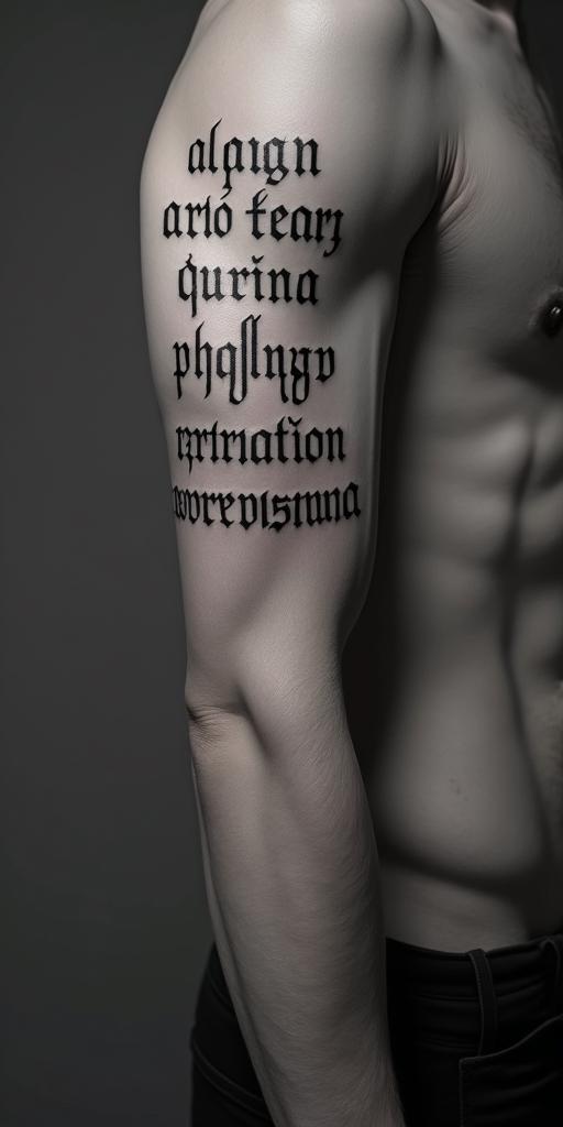 24/03/2025text-based tattoo, gothic font ultra-realistic, perfectly placed, high-quality font design, photo-realistic shading, 8k, high quality, finely detailed typography - Variation 2