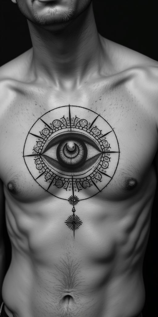 Capricorn, strong and independentin prophecy tattoo style, featuring mystical symbols, celestial imagery like stars, moons, suns, geometric patterns, foretelling elements, an eye of wisdom - Variation 5