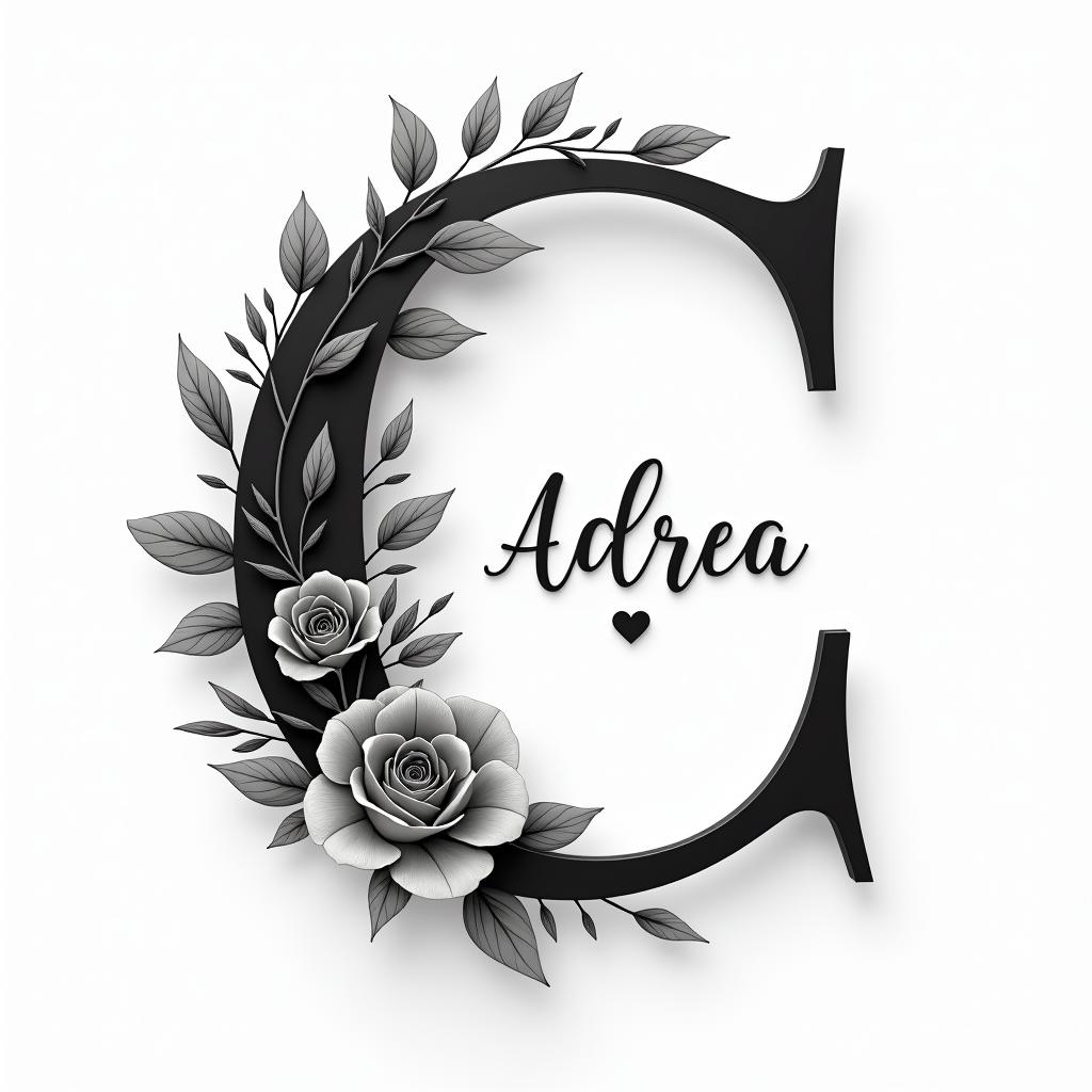 I want a capital C with the names Adrien, Andréa, and Leandro inside, in black and white, feminine and simple.in elegant cursive calligraphy style 2d tattoo, decorate with roses, featuring a smooth and flowing handwritten script with slightly thickened strokes for a luxurious and bold appearance, heart symbol between names, sleek and glossy black text with shadowing, minimalist matte white background, clean and sharp edges, illuminated with soft lighting, romantic, 8k, high-quality textures with refined typography - Variation 4