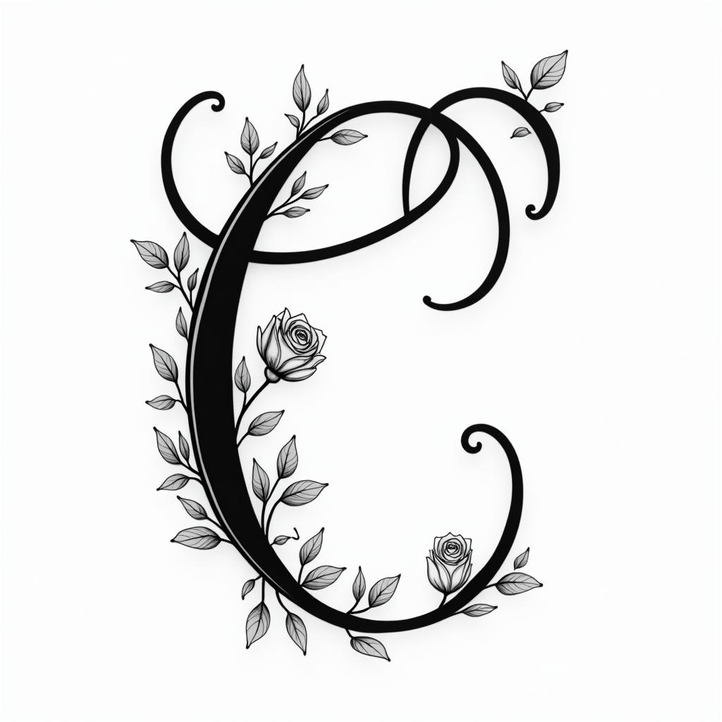 I want a capital C with the names Adrien, Andréa, and Leandro inside, in black and white, feminine and simple.in elegant cursive calligraphy style 2d tattoo, decorate with roses, featuring a smooth and flowing handwritten script with slightly thickened strokes for a luxurious and bold appearance, heart symbol between names, sleek and glossy black text with shadowing, minimalist matte white background, clean and sharp edges, illuminated with soft lighting, romantic, 8k, high-quality textures with refined typography - Variation 2