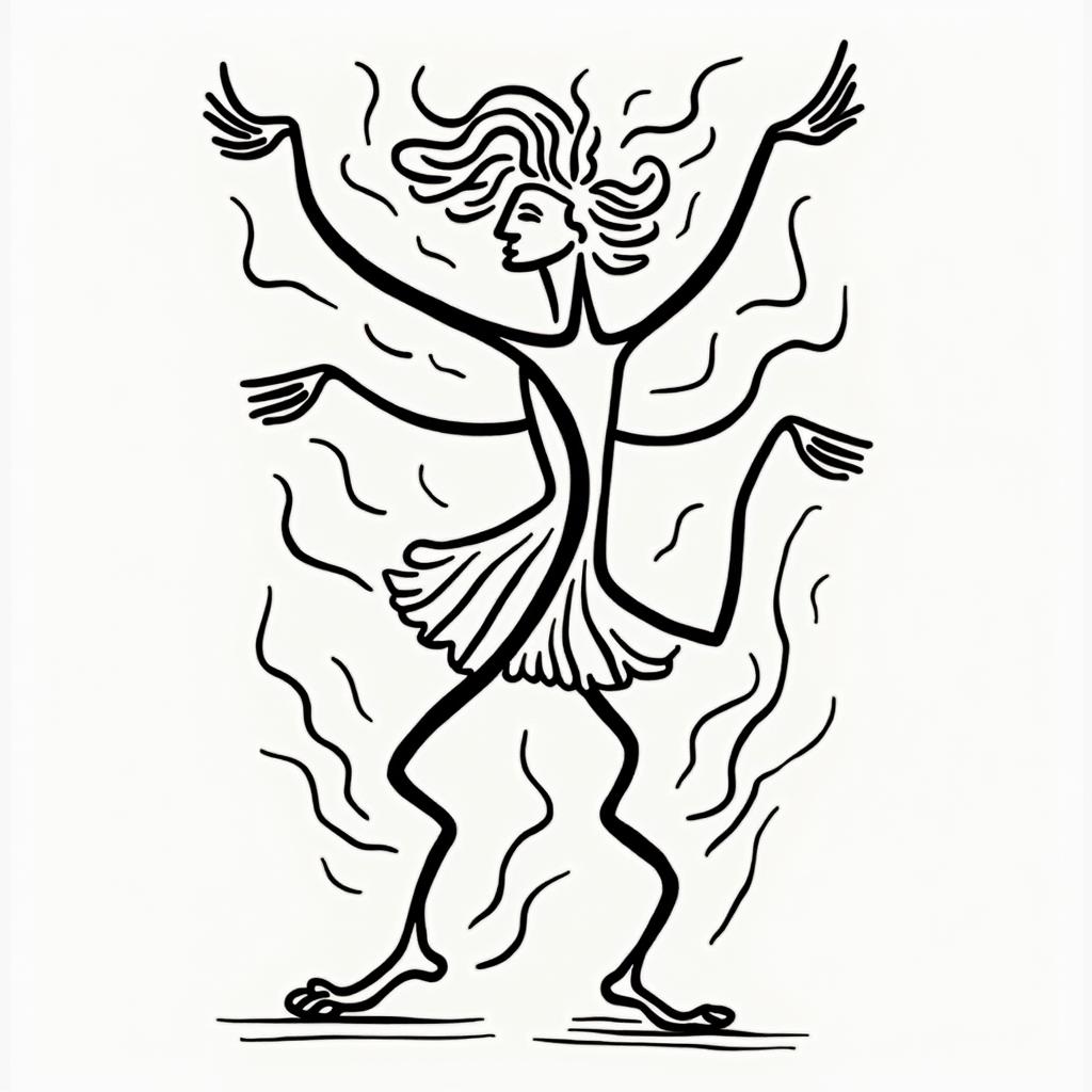 Athena, the goddess of war, fireabstract dancing figures in Keith Haring style, featuring bold black outlines and solid color fills, figures posed in dynamic and playful dance movements, minimalist design - Variation 2