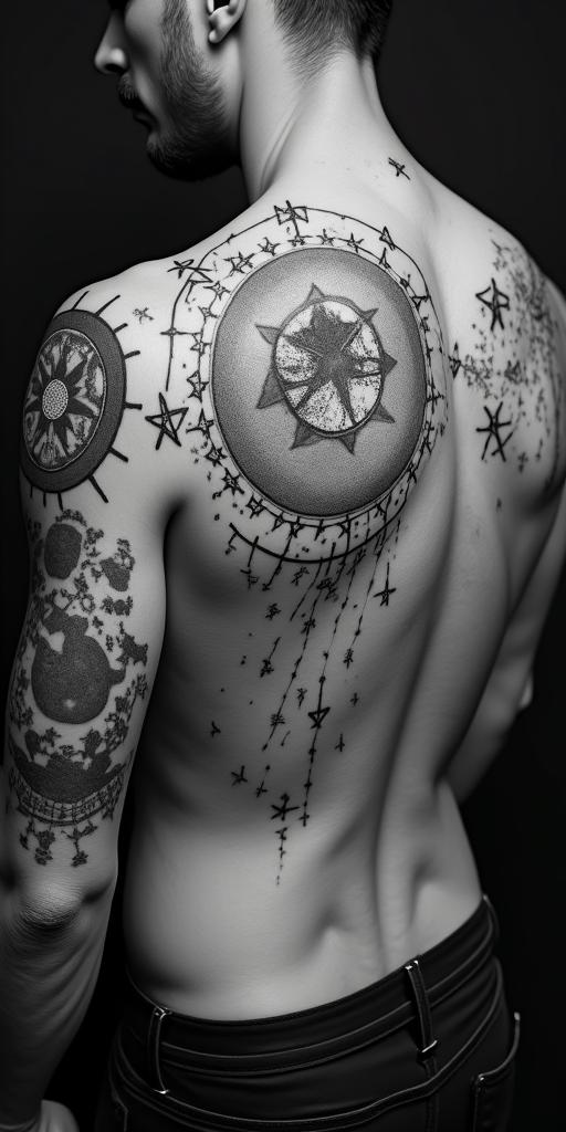 Capricorn, strong and independentin prophecy tattoo style, featuring mystical symbols, celestial imagery like stars, moons, suns, geometric patterns, foretelling elements, an eye of wisdom - Variation 3