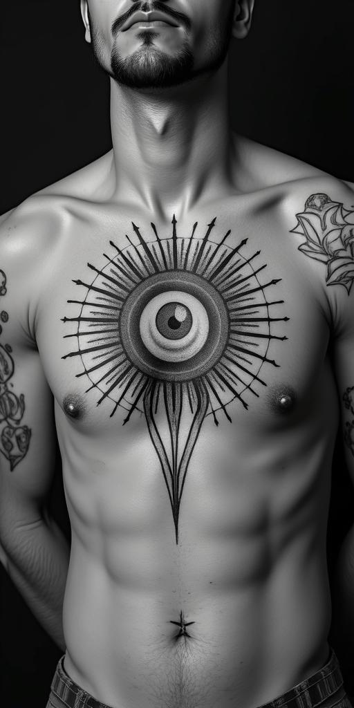 Capricorn, strong and independentin prophecy tattoo style, featuring mystical symbols, celestial imagery like stars, moons, suns, geometric patterns, foretelling elements, an eye of wisdom - Variation 2