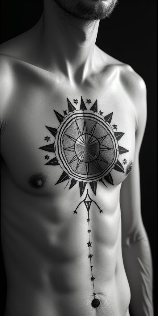 Capricorn, strong and independentin prophecy tattoo style, featuring mystical symbols, celestial imagery like stars, moons, suns, geometric patterns, foretelling elements, an eye of wisdom