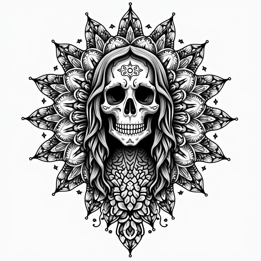 Santa Muertein dotwork style tattoo, complex mandala patterns, interlocking geometric shapes with sharp symmetry, clean lines, sharp angles
