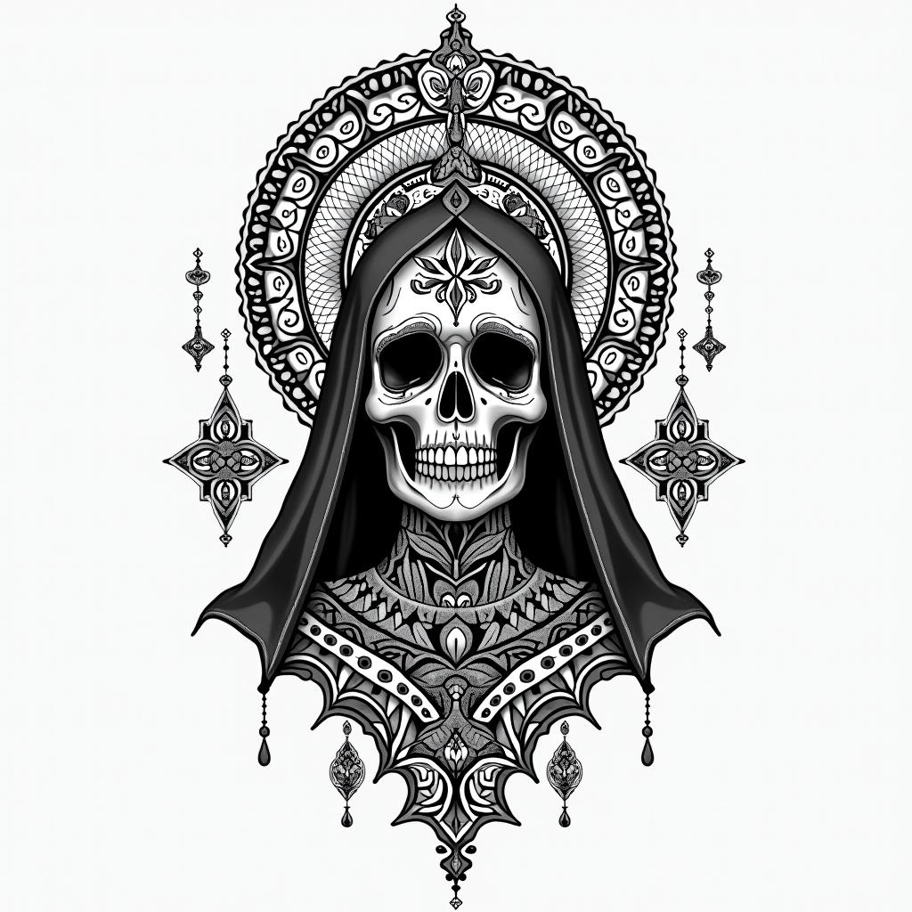 Santa Muertein dotwork style tattoo, complex mandala patterns, interlocking geometric shapes with sharp symmetry, clean lines, sharp angles - Variation 2