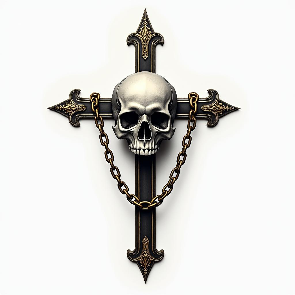 Cross with golden details placed in chains in the middle of a skull.in realism tattoo style, featuring a highly detailed, lifelike, capturing every detail, photorealistic, ultra realistic, intricate shading, smooth and sharp, - Variation 3