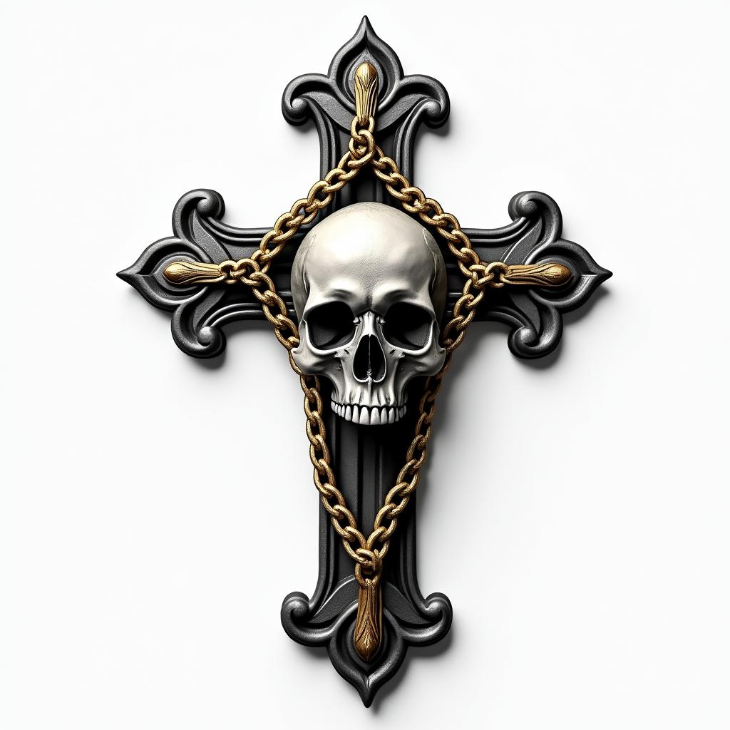 Cross with golden details placed in chains in the middle of a skull.in realism tattoo style, featuring a highly detailed, lifelike, capturing every detail, photorealistic, ultra realistic, intricate shading, smooth and sharp, - Variation 4
