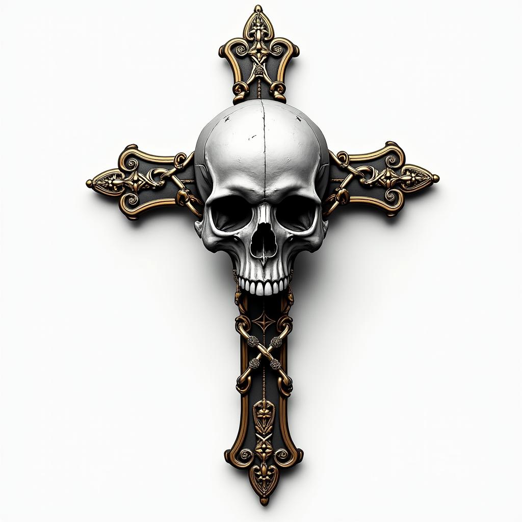 Cross with golden details placed in chains in the middle of a skull.in realism tattoo style, featuring a highly detailed, lifelike, capturing every detail, photorealistic, ultra realistic, intricate shading, smooth and sharp, - Variation 2