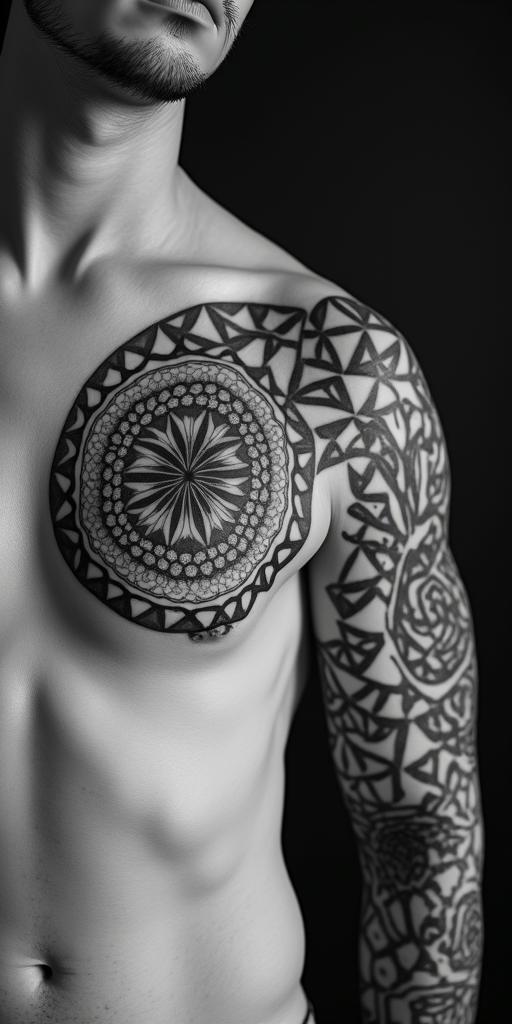 Capricorn, strong and independent in geometric style tattoo, blending hexagons, mandala-inspired patterns, symmetrical and fractal design, clean lines, sharp angles - Variation 2
