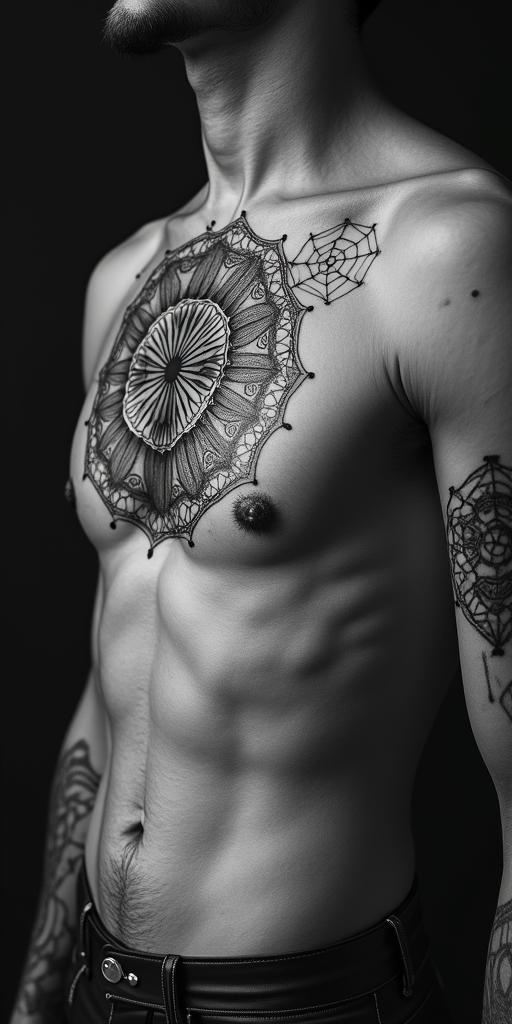 Capricorn, strong and independent in geometric style tattoo, blending hexagons, mandala-inspired patterns, symmetrical and fractal design, clean lines, sharp angles - Variation 3