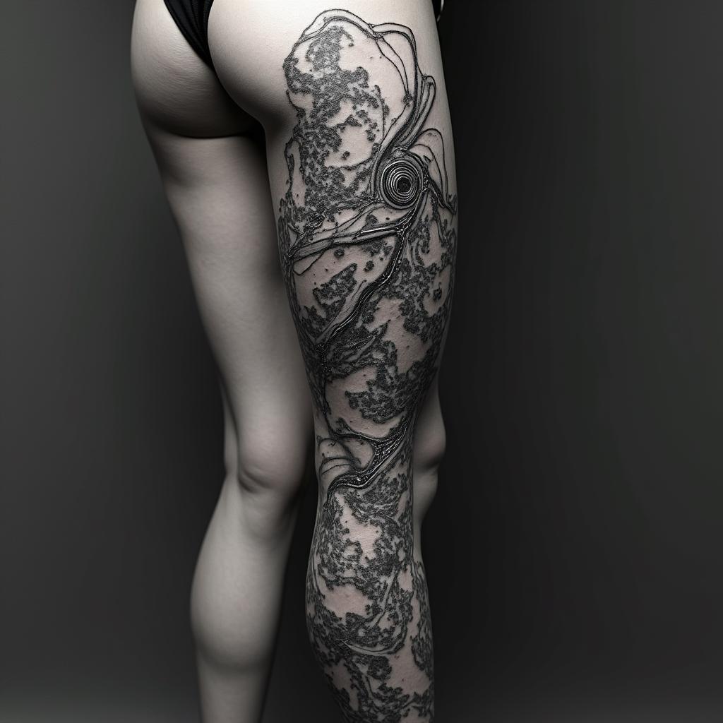 Create a tattoo with the words Mack Life beneath the skin being pulled back to expose the tendons and muscle with a galaxy in the backgroundtattoo in biomechanic style, the tattoo covered by robotic elements of futuristic cyberpunk design, robotic features detail, showcasing intricate mechanical components