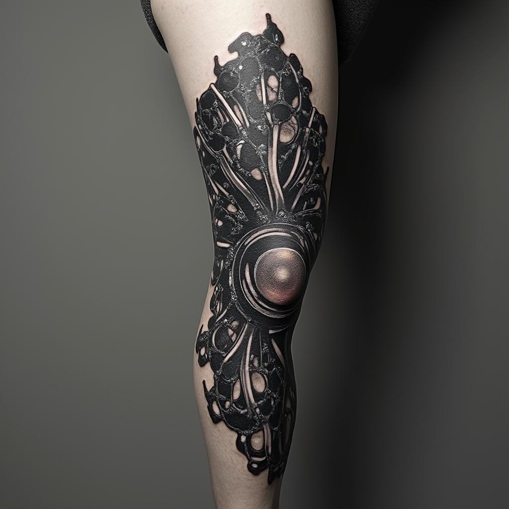 Create a tattoo with the words Mack Life beneath the skin being pulled back to expose the tendons and muscle with a galaxy in the backgroundtattoo in biomechanic style, the tattoo covered by robotic elements of futuristic cyberpunk design, robotic features detail, showcasing intricate mechanical components - Variation 2