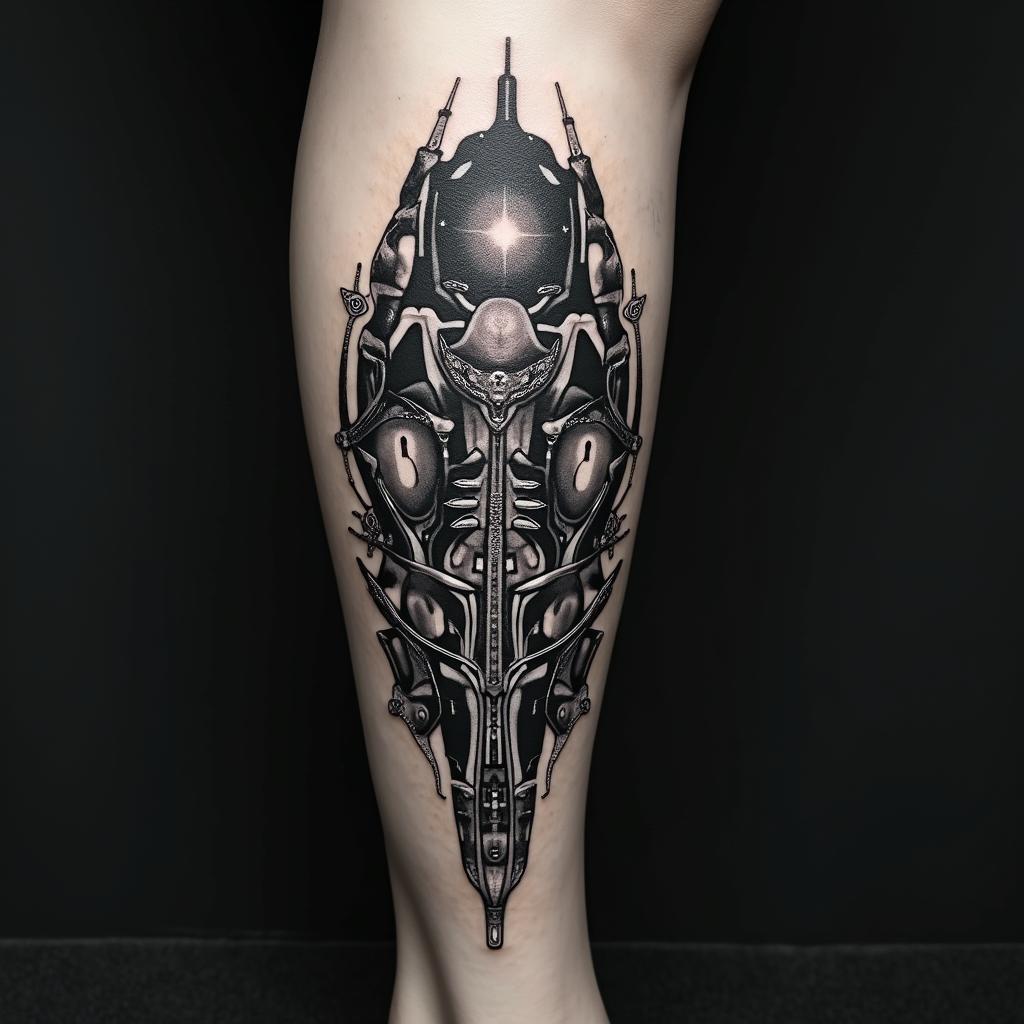 Create a tattoo with the words Mack Life beneath the skin being pulled back to expose the tendons and muscle with a galaxy in the backgroundtattoo in biomechanic style, the tattoo covered by robotic elements of futuristic cyberpunk design, robotic features detail, showcasing intricate mechanical components - Variation 3