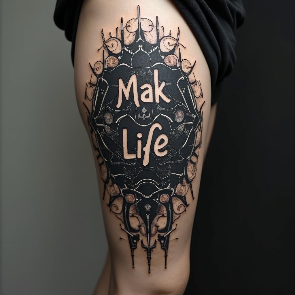 Create a tattoo with the words Mack Life beneath the skin being pulled back to expose the tendons and muscle with a galaxy in the backgroundtattoo in biomechanic style, the tattoo covered by robotic elements of futuristic cyberpunk design, robotic features detail, showcasing intricate mechanical components - Variation 4