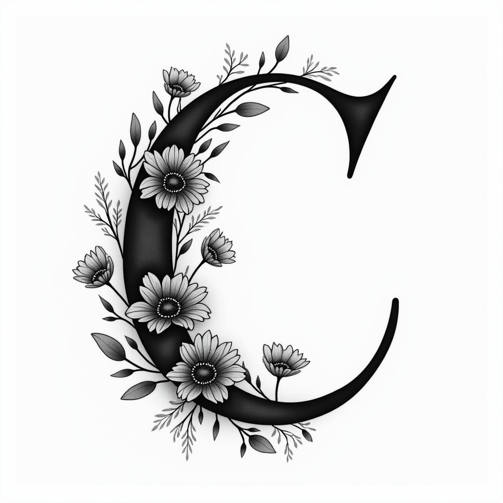 I want a simple capital C without too much detail with the names Adrien, Andréa, and Leandro inside, in black and white, feminine and simple.higly detailed tattoo - Variation 6
