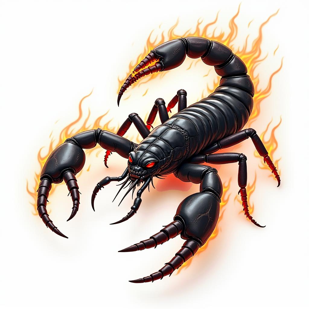 Scorpion with sharp and detailed clawsin flame tattoo style showcasing fiery elements with dynamic flame patterns, glowing effect of flames, natural colors
