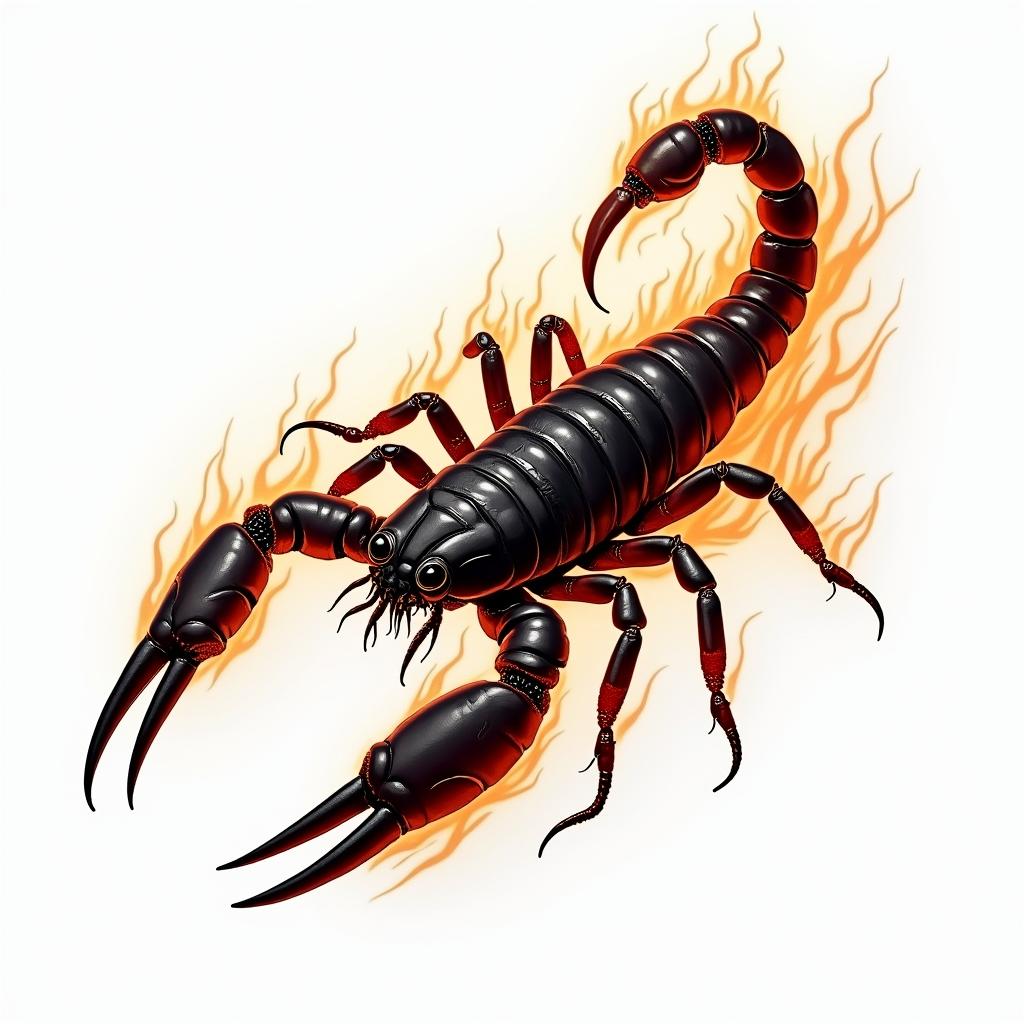 Scorpion with sharp and detailed clawsin flame tattoo style showcasing fiery elements with dynamic flame patterns, glowing effect of flames, natural colors - Variation 2