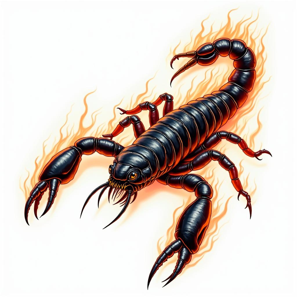 Scorpion with sharp and detailed clawsin flame tattoo style showcasing fiery elements with dynamic flame patterns, glowing effect of flames, natural colors - Variation 4