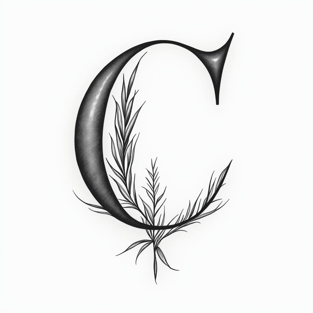I want a simple capital C without too much detail with the names Adrien, Andréa, and Leandro inside, in black and white, feminine and simple.higly detailed tattoo