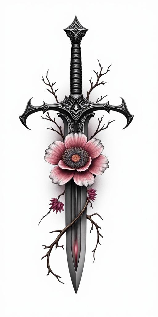 Assassins creed hidden blade mixed with flowers, thorns, vines and bloodin realism tattoo style, featuring a highly detailed, lifelike, capturing every detail, photorealistic, ultra realistic, intricate shading, smooth and sharp,   - Variation 5