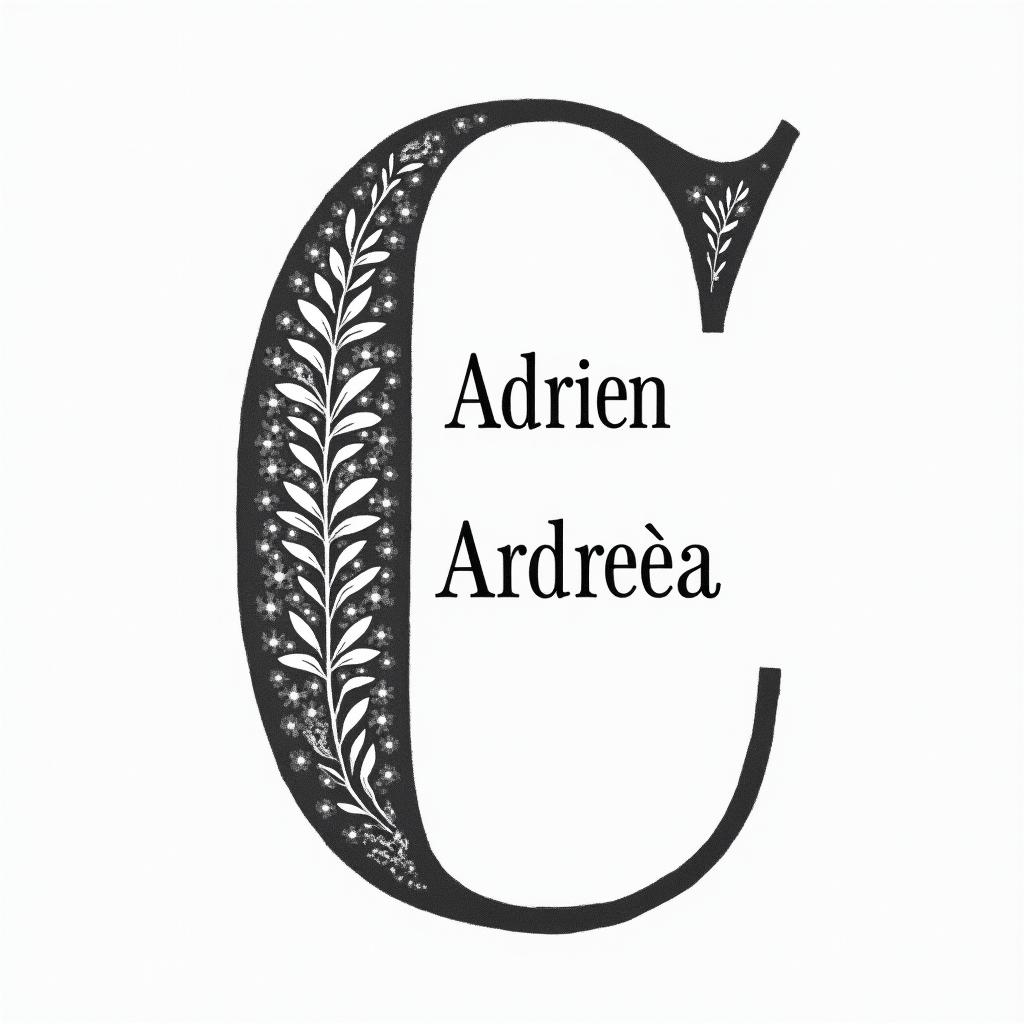 I want a simple uppercase C without too much detail with the names Adrien, Andréa, and Leandro inside, in black and white, feminine and simple.higly detailed tattoo - Variation 7