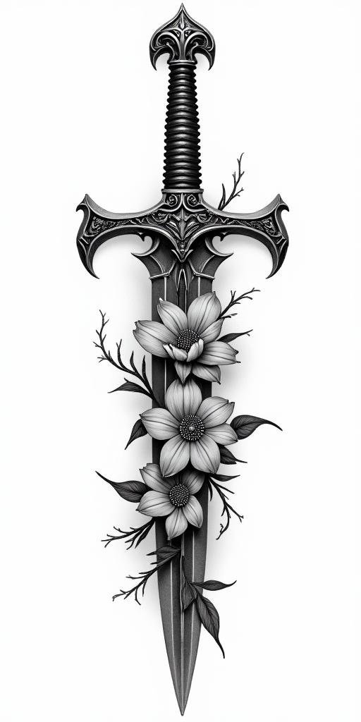 Assassins creed hidden blade mixed with flowers, thorns, vines and bloodin realism tattoo style, featuring a highly detailed, lifelike, capturing every detail, photorealistic, ultra realistic, intricate shading, smooth and sharp,