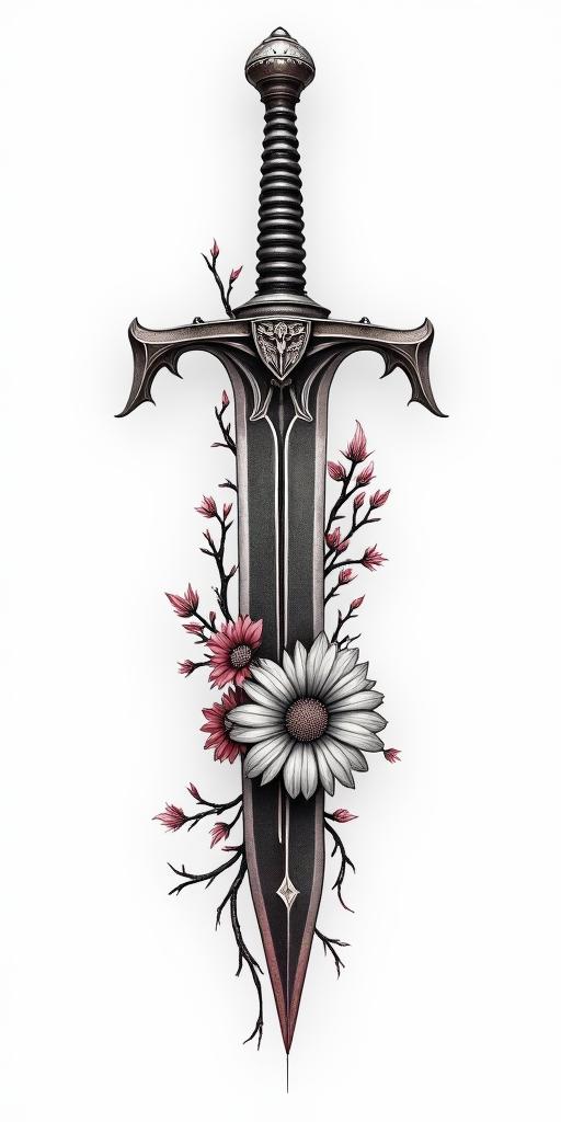 Assassins creed hidden blade mixed with flowers, thorns, vines and bloodin realism tattoo style, featuring a highly detailed, lifelike, capturing every detail, photorealistic, ultra realistic, intricate shading, smooth and sharp,   - Variation 3