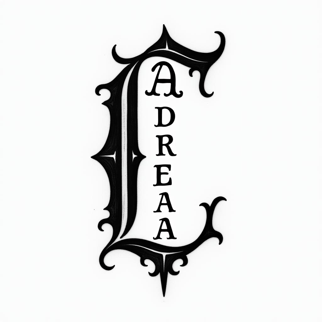 I want a simple capital C without too much detail with the names Adrien, Andréa, and Leandro inside, in black and white, feminine and simple.text-based tattoo, gothic font ultra-realistic, perfectly placed, high-quality font design, photo-realistic shading, 8k, high quality, finely detailed typography - Variation 4
