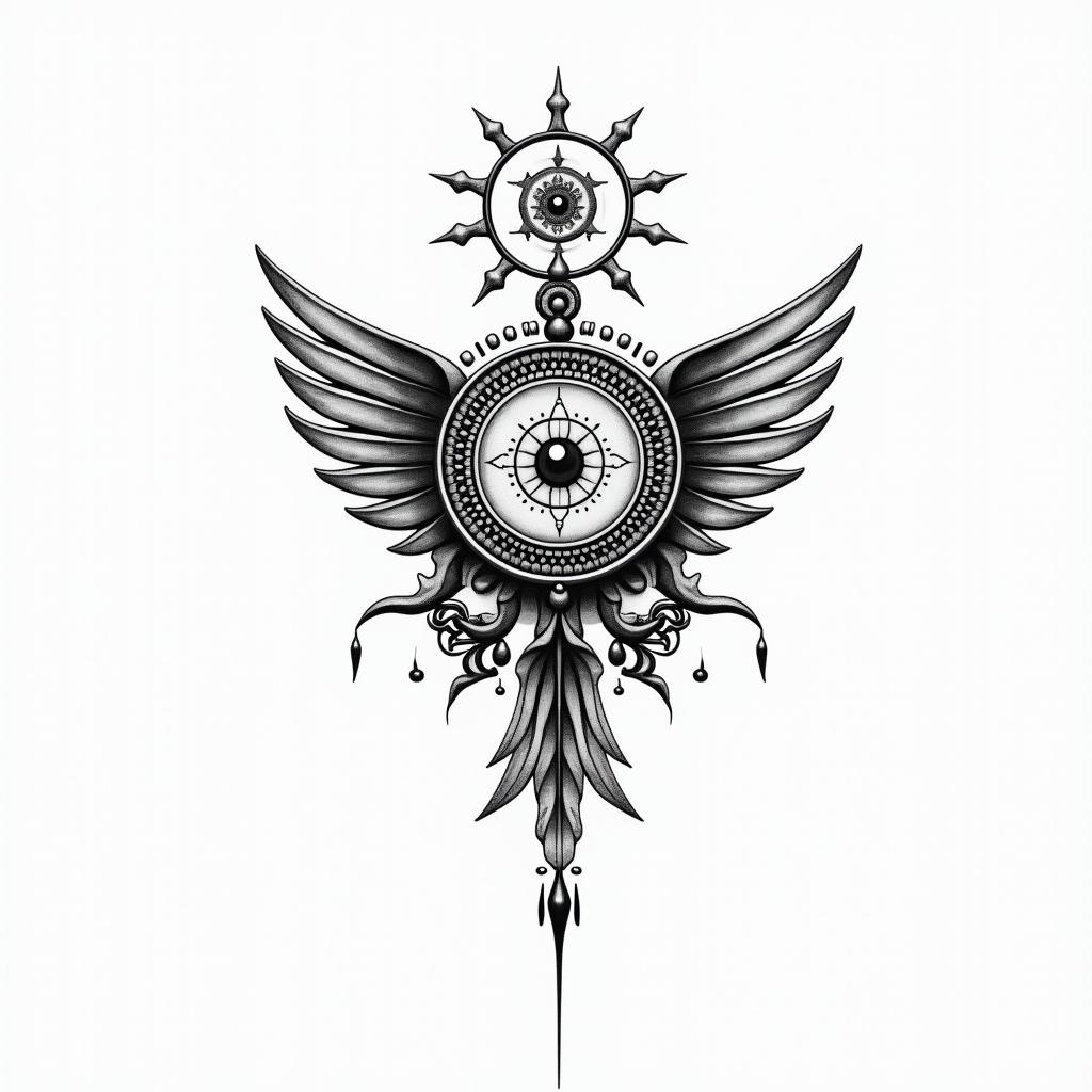 Divinely guidedin spiritual symbols tattoo style, featuring an intricate design incorporating elements, Hamsa hand, third eye, minimalist composition