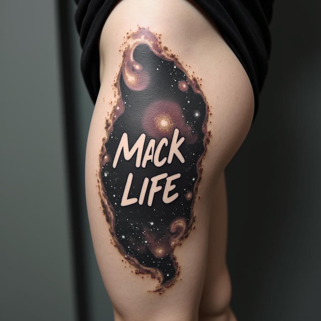 Create a tattoo with the words Mack Life beneath the skin being pulled back to expose the tendons and muscle with a galaxy in the backgroundtext-based tattoo, japanese font ultra-realistic, perfectly placed, high-quality font design, photo-realistic shading, 8k, high quality, finely detailed typograph - Variation 4