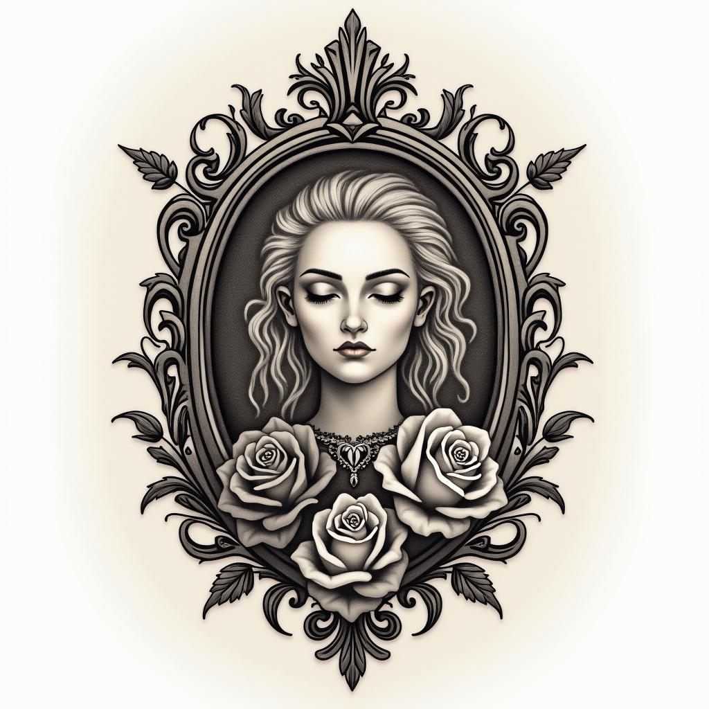 Addictionsin victorian style tattoo, featuring vintage and elegant elements, ornate frames, roses, antique, sepia-toned color scheme - Variation 4