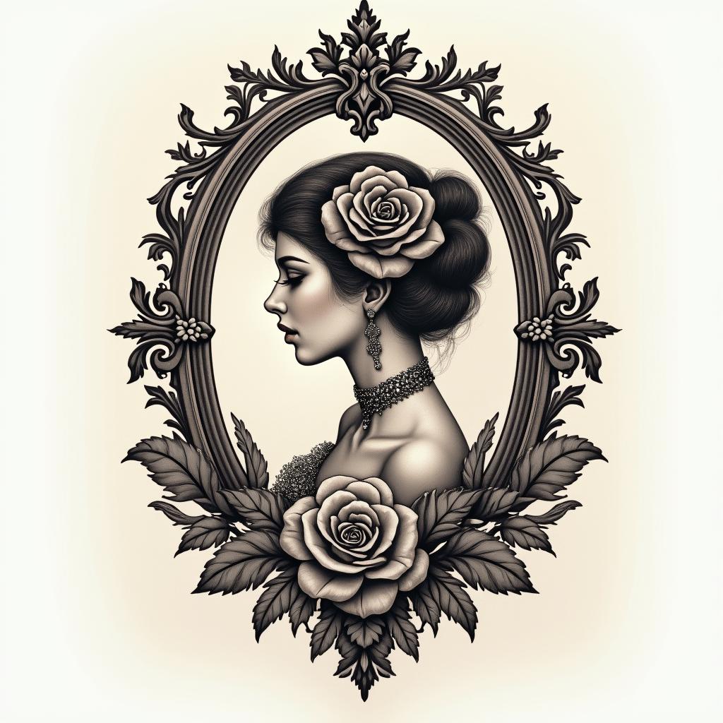 Addictionsin victorian style tattoo, featuring vintage and elegant elements, ornate frames, roses, antique, sepia-toned color scheme - Variation 3