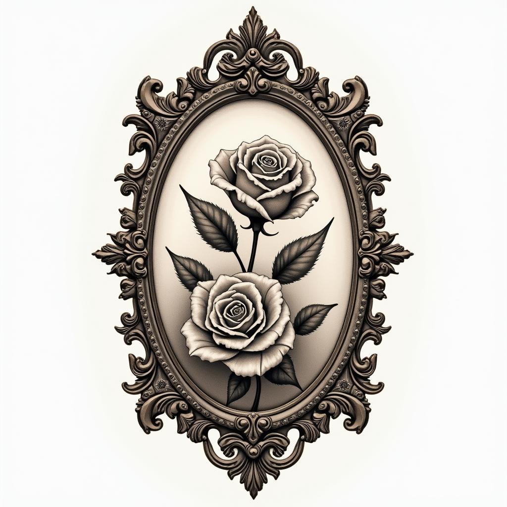Addictionsin victorian style tattoo, featuring vintage and elegant elements, ornate frames, roses, antique, sepia-toned color scheme - Variation 2