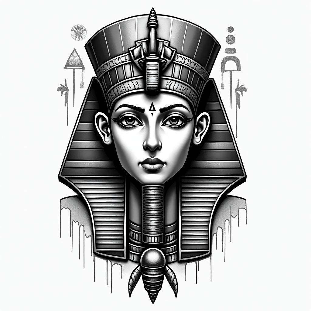 Addictionsin egyptian style tattoo, bold elements of ancient egyptian culture including a portrait of an Egyptian pharaoh with detailed facial features, in hieroglyphs and symbolic imagery, eye of horus, ankh symbol, scarab beetle - Variation 4