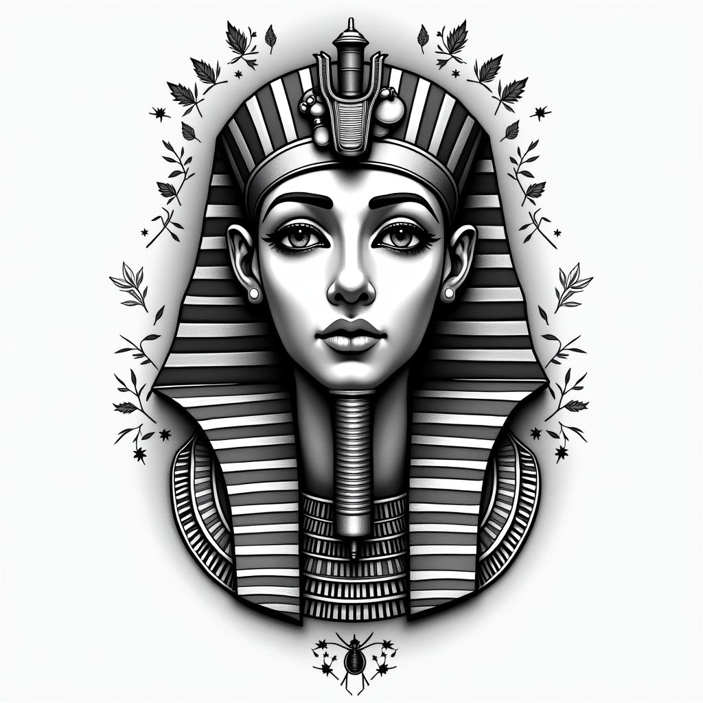 Addictionsin egyptian style tattoo, bold elements of ancient egyptian culture including a portrait of an Egyptian pharaoh with detailed facial features, in hieroglyphs and symbolic imagery, eye of horus, ankh symbol, scarab beetle