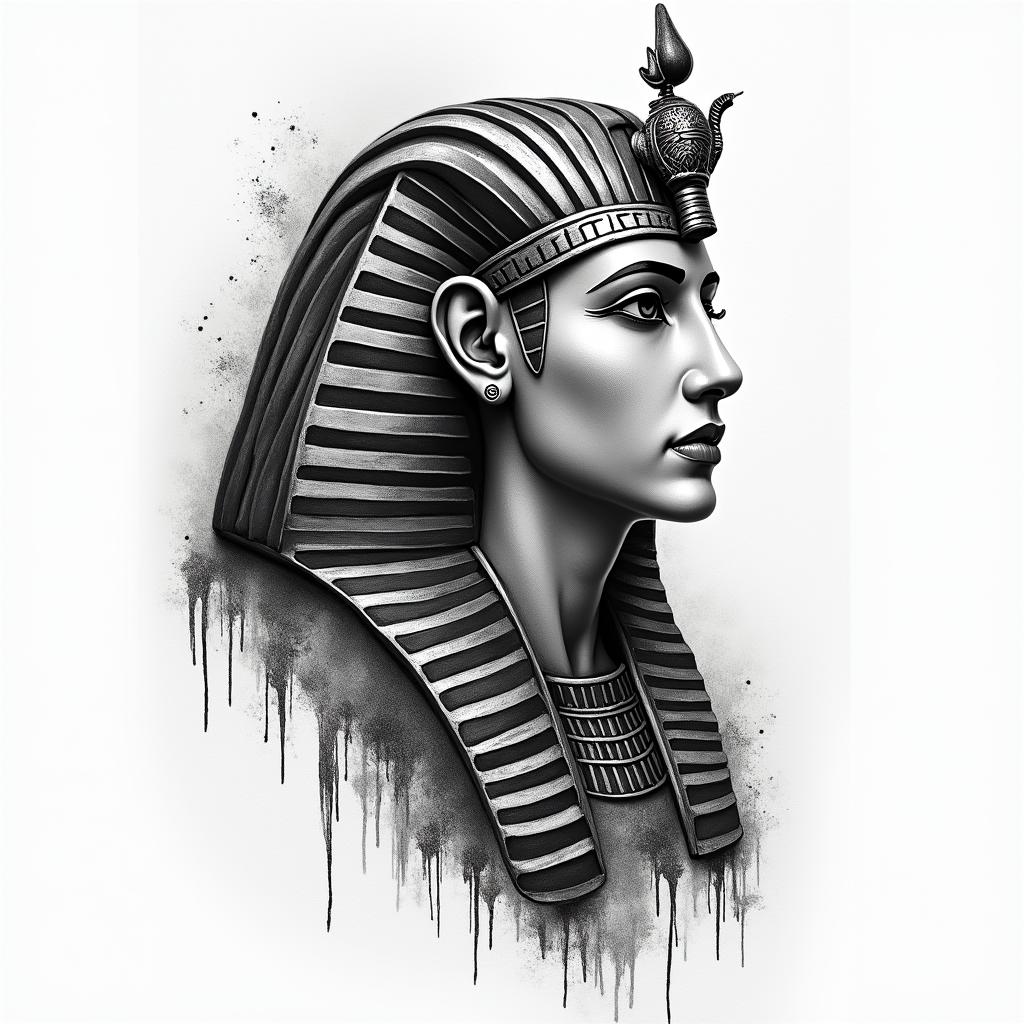 Addictionsin egyptian style tattoo, bold elements of ancient egyptian culture including a portrait of an Egyptian pharaoh with detailed facial features, in hieroglyphs and symbolic imagery, eye of horus, ankh symbol, scarab beetle - Variation 3