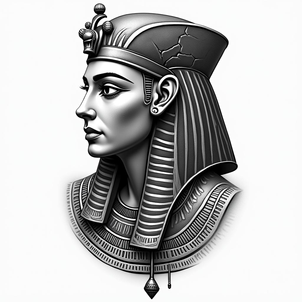 Addictionsin egyptian style tattoo, bold elements of ancient egyptian culture including a portrait of an Egyptian pharaoh with detailed facial features, in hieroglyphs and symbolic imagery, eye of horus, ankh symbol, scarab beetle - Variation 2