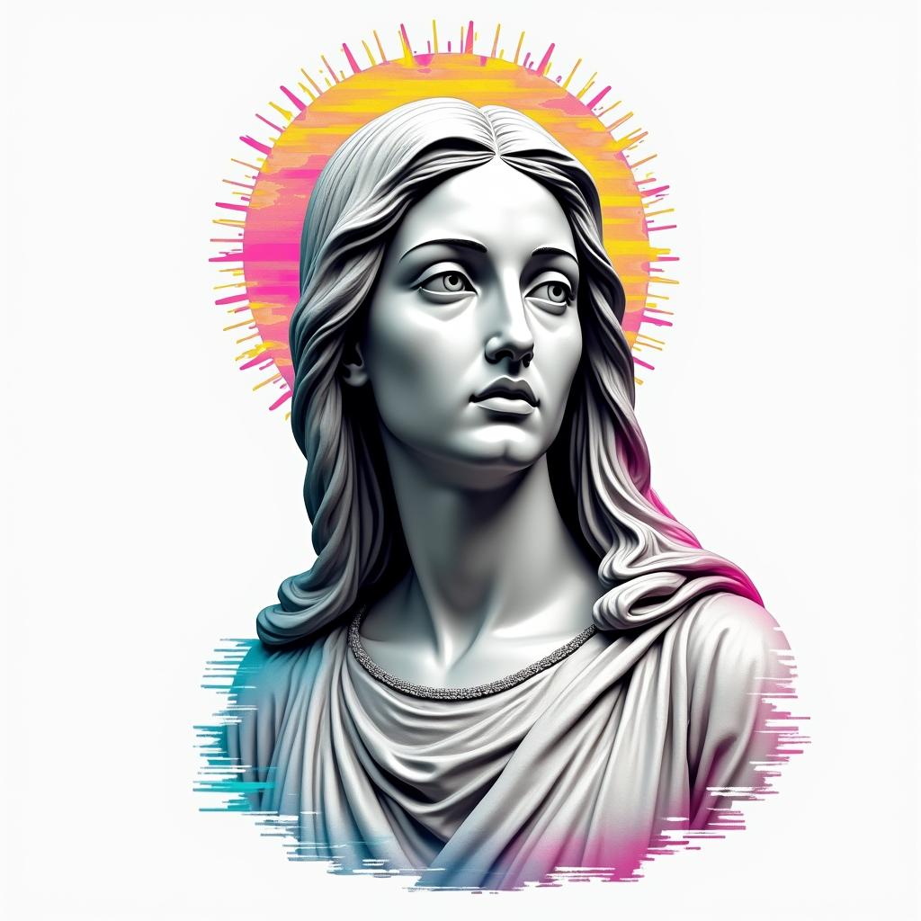 Virgin Maryin distorted and fragmented tattoo design, featuring a classical statue bust, in a glitch art style with vibrant, overlapping colors of cyan, magenta, and yellow, creating a digital distortion effect