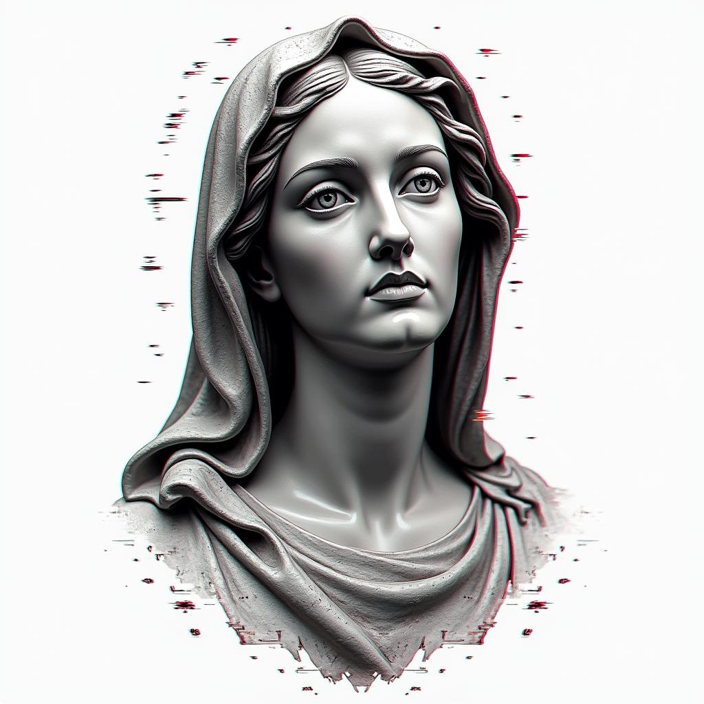 Virgin Maryin distorted and fragmented tattoo design, featuring a classical statue bust, in a glitch art style with vibrant, overlapping colors of cyan, magenta, and yellow, creating a digital distortion effect - Variation 4